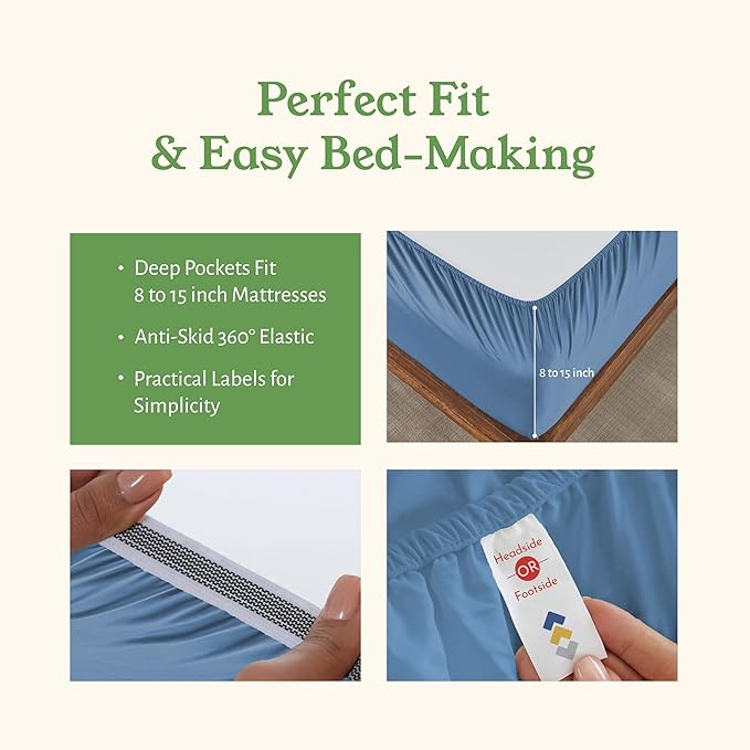 California Design Den Soft 100% Organic Cotton Bed Sheets King Size Set - Crisp and Cool Percale, Deep Pocket Organic Sheets with Anti-Skid Elastic, Breathable and Durable Bedding Set - Riviera Blue