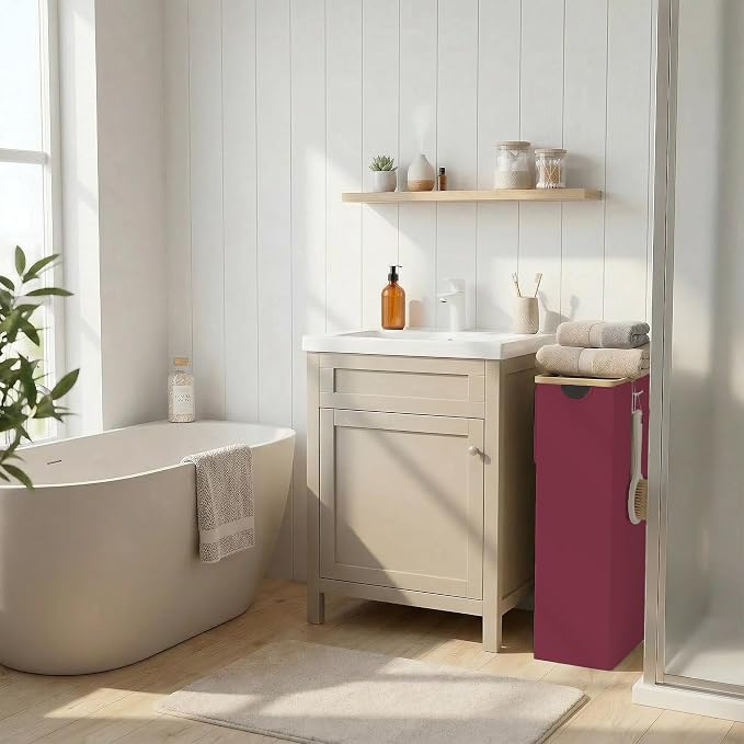 efluky Slim Laundry Basket with Lid, Narrow Laundry Hamper with Removable Bag, Skinny Dirty Clothes Basket with Bamboo Handles for Bathroom, Bedroom & Laundry Room, 75L Burgundy - Image 2