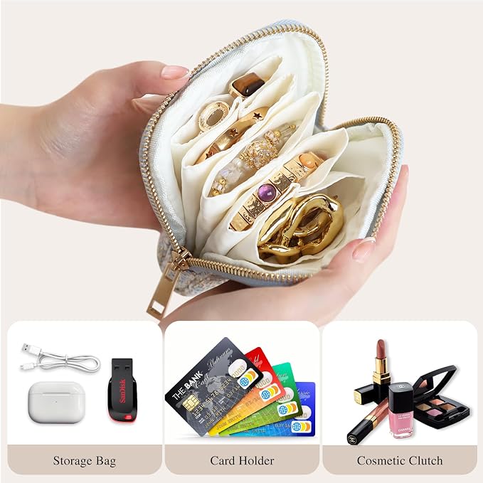 Stratalife Travel Jewelry Case Organizer for Women Portable Jewelry Box with Small Pouches for Gemstones Healing Crystal Bracelets, Necklace Bangles Storage, Pendants Ring Holder Zipper, Quilted Blue - Image 3