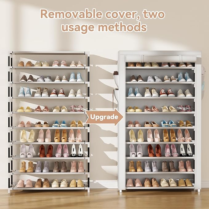 LANTEFUL Shoe Rack with Covers 10 Tier Tall Shoe Rack Organizer Large Capacity Shoe Shelf Storage 40 Pairs Space Saving Free Standing Shoe Storage Organizer for Closet, Entryway, Dorm, White - Image 5