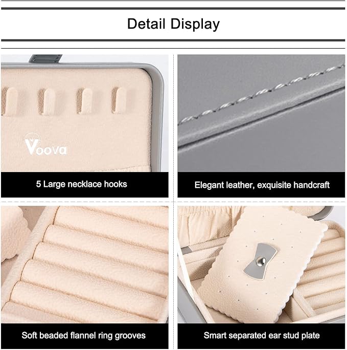 Voova Jewelry Box Organizer for Women Girls, 2 Layer Large Men Jewelry Storage Case, PU Leather Display Jewellery Holder with Removable Tray for Necklace Earrings Rings Bracelets (Grey, Small) - Image 3
