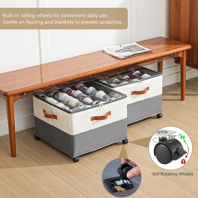 INSTY 2 Pack Shoe Organizer for Closet,Shoe Storage Organizer with Wheels, Fits up to 32 Pairs,Adjustable Dividers,Fabric Shoe Storage Bins with Clear Cover,Beige and Grey - Image 2