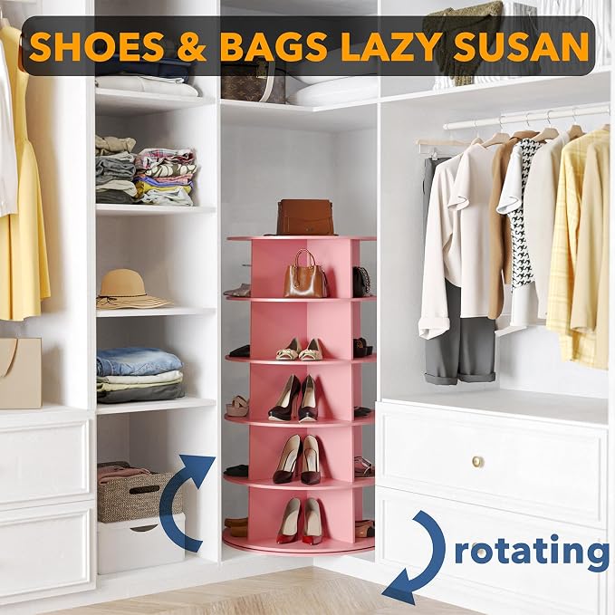SpaceAid 5 Tier Rotating Shoe Rack Tower, Spinning Shoe Display Lazy Susan, Revolving 360 Shoe Rack Storage Round Carousel, Vertical Handbag Rotate Shoes Closet Organization (5-Tier Pink) - Image 4