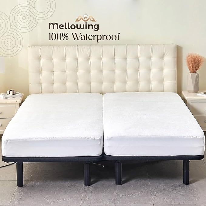 Mellowing 2 PCs Split Waterproof Mattress Protector Pad Cover Fitted Style Luxury Mattress Cover Terry Cotton White 15" Inch Deep (Split King 39"X80")