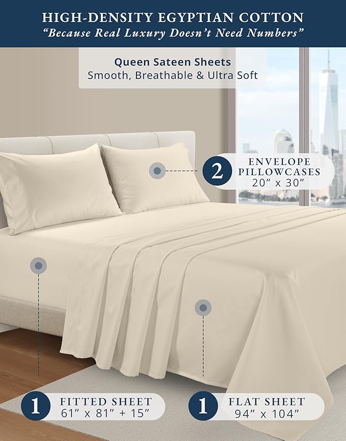 LANE LINEN 100% Egyptian Cotton Queen Sheet Set, Soft & Comfy Hotel Like Thick Fully Elasticized Mercerized Cotton Queen Size Set, No Pill Fade Resistant Queen Sheets, 15" Deep Pocket - Summer Sand