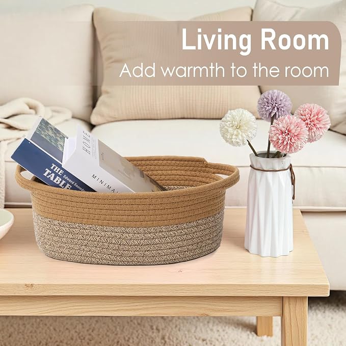JMvicyroam Woven Basket,Small Rope Storage Bin with Handles & Ribbon Bag, Organizer for Shelves Closets,Gift Basket Empty for Birthday,Books,Dog Toys, Jute&Brown/3 Pack - Image 7
