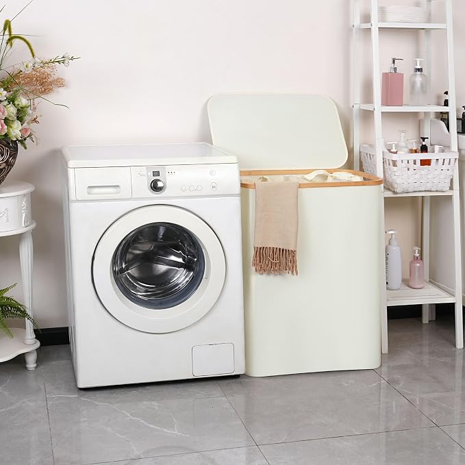 efluky Laundry Hamper with Lid, 160L Tall Laundry Basket with Bamboo Handles for Clothes and Toys, Collapsible Laundry Hamper with 2 Inner Bags for Bedroom and Bathroom, Beige - Image 5
