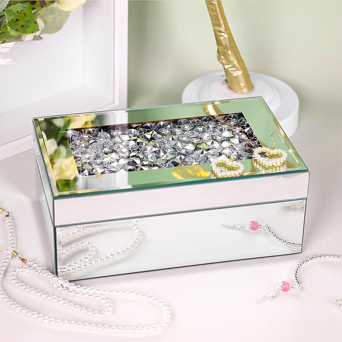 Luxury Mirrored Jewelry Box with Crushed Diamond - Glass Jewelry Box Organizer Storage for Women, Ring Holder Case for Dresser and Decorative - Image 3