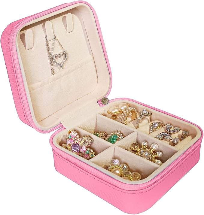 Small Travel Jewelry Box, Portable Mini Jewelry Leather Box Jewelry Ring Organizer Case Storage Holder Gift Boxes for Girls Women, Rose pink by Jemjosh