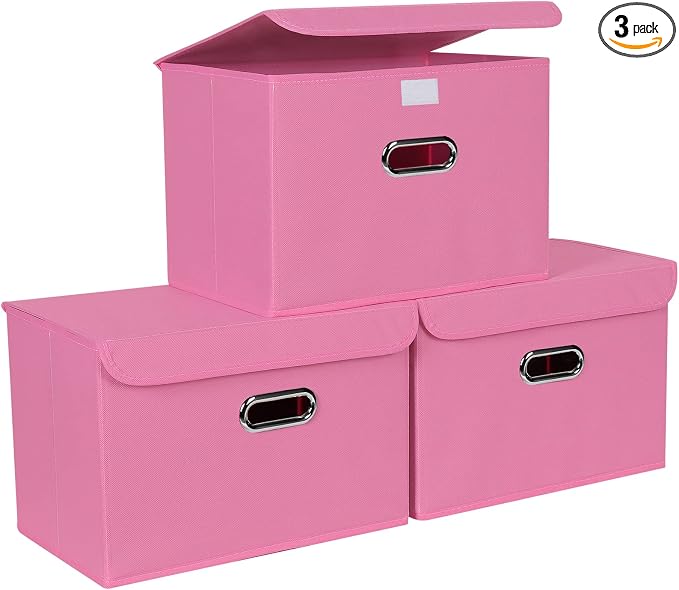 STOREONE Fabric Storage Cube Bins Foldable Organizer Container Collapsible Basket with Lids and Metal Handles, for Home, Bedroom, Closet 3 Pcs (Pink) by STOREONE