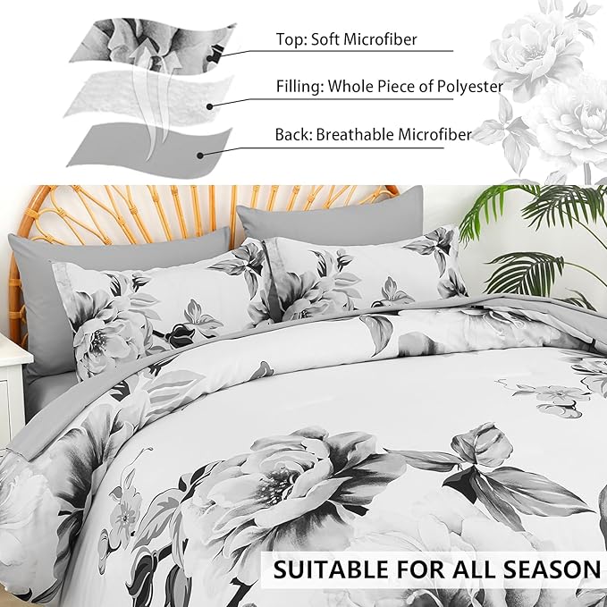 Drucon Grey Floral Comforter Set Queen 7 Pieces Bed in a Bag Botanical Floral Comforter Soft Microfiber Grey Bedding Set Queen Size Bed with Sheet and Pillowcase
