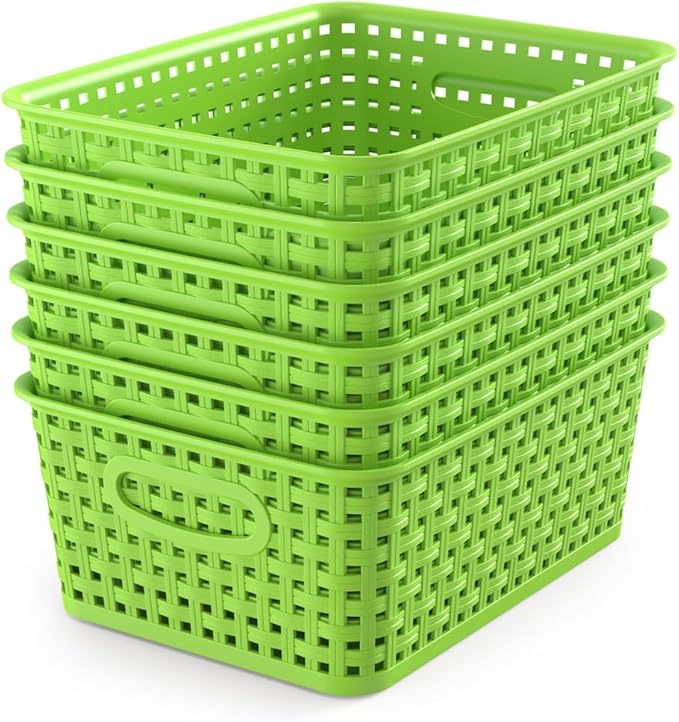 WYT 6-Pack Plastic Small Shelf Storage Weave Baskets Organizing for Cabinets and Pantries, Green by WYT