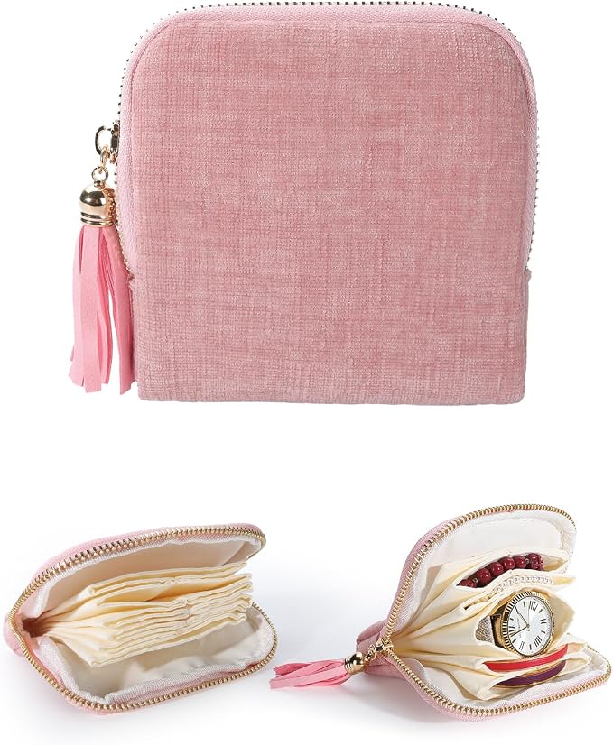 COOLYOUTH Travel Jewelry Case Organizer for Women Portable Jewelry Box with Small Pouches Mini Jewelry Bag for Rings, Bracelets, & Bangles with Smooth Metal Zipper (Pink) by COOLYOUTH