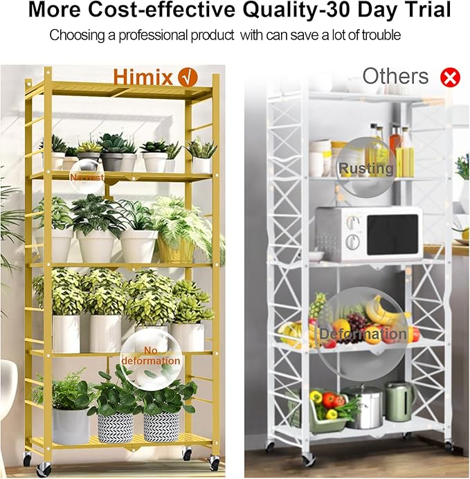 Himix Storage Shelves with 20 Hooks, 5-Tier Foldable Shelves for Storage, Folding Shelf Unit Pantry Shelves with Wheels, Standing Shelving Unit for Kitchen Garage Home Office Room Greenhouse, Gold - Image 6