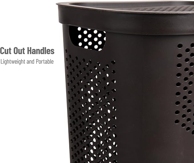 Mind Reader Slim Laundry Hamper with Lid, 60L Clothes Basket, Ventilated Plastic, Brown - Image 4
