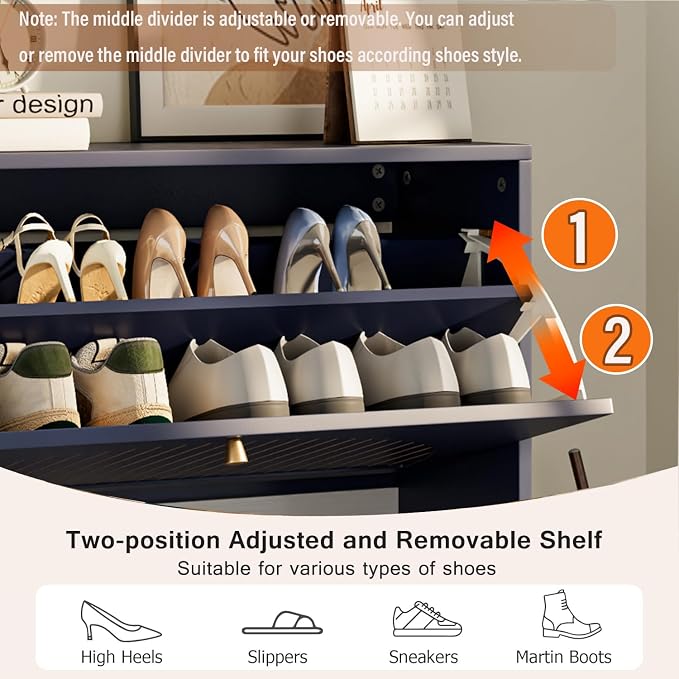Fsbecl Shoe Storage Cabinet for Entryway with 2 Flip Drawers, Narrow Wood Shoe Cabinet with Fluted Panel, Freestanding Hidden Shoe Organizer for Foyer, Hallway (Blue - with Shelf) - Image 5