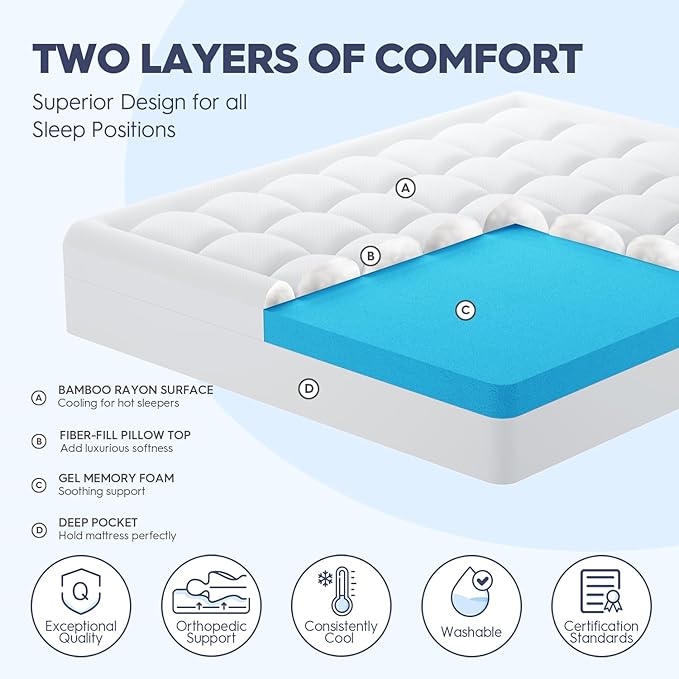 ELEMUSE Dual Layer 4 Inch Memory Foam Mattress Topper Twin XL for College Dorm Room Essentials, 2 Inch Cooling Gel Memory Foam and 2 Inch Washale Soft Pillow Top Extra Long Twin Mattress Pad
