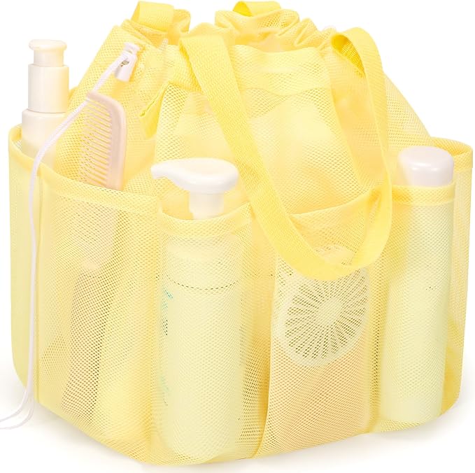 famichan Mesh Shower Caddy Portable with Drawstring, Dorm Room Essentials for College Students Girls & Boys, Large Shower Bag for Camping,Swimming,Gym,Travel,Bathroom - Yellow by famichan