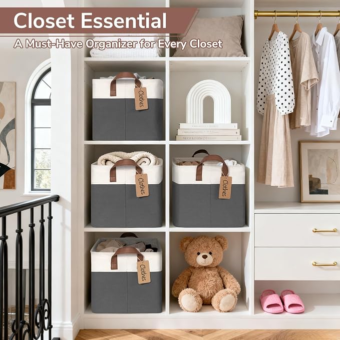 CHICVITA 4 Pack Large Storage Baskets for Shelves, Collapsible Closet Organizer Bins with Handles, Decorative Shelf Baskets for Bedroom Living Room, 16.8" x 11" x 9.8", Gray & White - Image 2