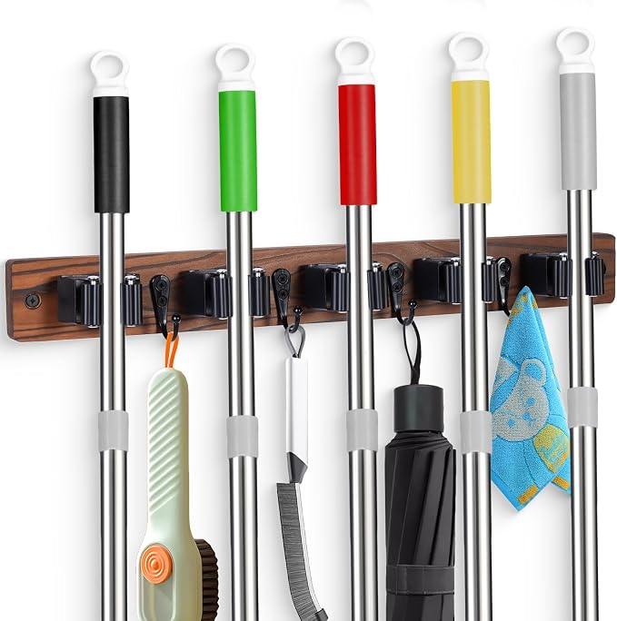 FunCee Broom Holder Wall Mount With 5 Slots & 4 Hooks，Rustic Wood Broom & Mop Hanger，Wall Mounted Garden & Garage Tool Storage Organizer Rack for Closet Laundry Room or Kitchen Wall Decor by FunCee