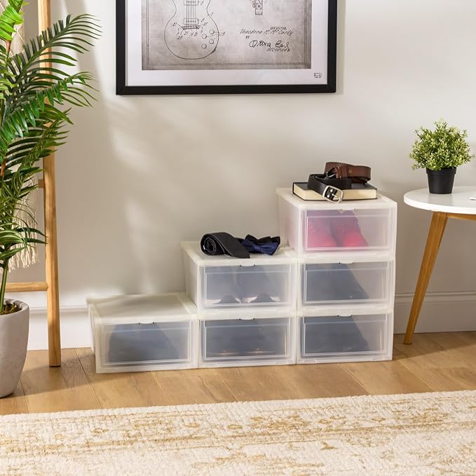 IRIS USA Stackable Shoe Storage Box with Latch Drop Front Door, 6-Pack, for Scarf Game Organizer Container with Ventilation Holes for Closet Under Bed Entryway Storage, Strudy, Wide, Clear - Image 2