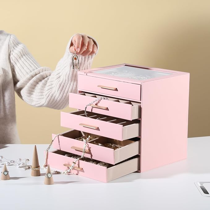 Frebeauty Clear Lid Jewelry Box,5-Layer Jewelry Organizer with Drawer,PU Leather Jewelry Organizers and Storage,Jewelry Boxes for Women,Jewelry Storage for Rings Earring Stud,Gift for Women(Pink) - Image 2