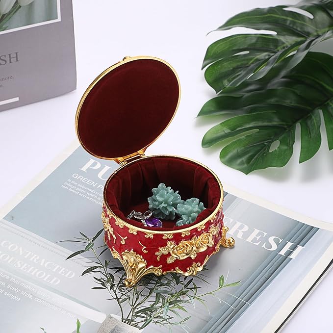 Hipiwe Vintage Metal Jewelry Box - Small Trinket Organizer Ring Box Case with Rose Pattern Jewelry Storage Box for Ring Earrings Necklace, Keepsake Box for Women,Red - Image 3