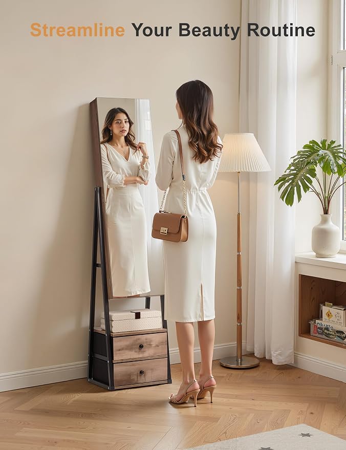 Nicetree Jewelry Cabinet Armoire with 2 Drawers,Standing Jewelry Mirror Cabinet, Full Length Mirror with Jewelry Storage, Lockable Jewelry Organizer with Mirror, Oak - Image 2