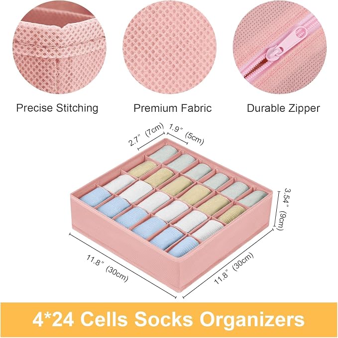 Joyoldelf 4-Pack Pink Fabric Dresser Drawer Organizers, 24-Cell Sock Drawer Divider, Non-woven Material - Image 2