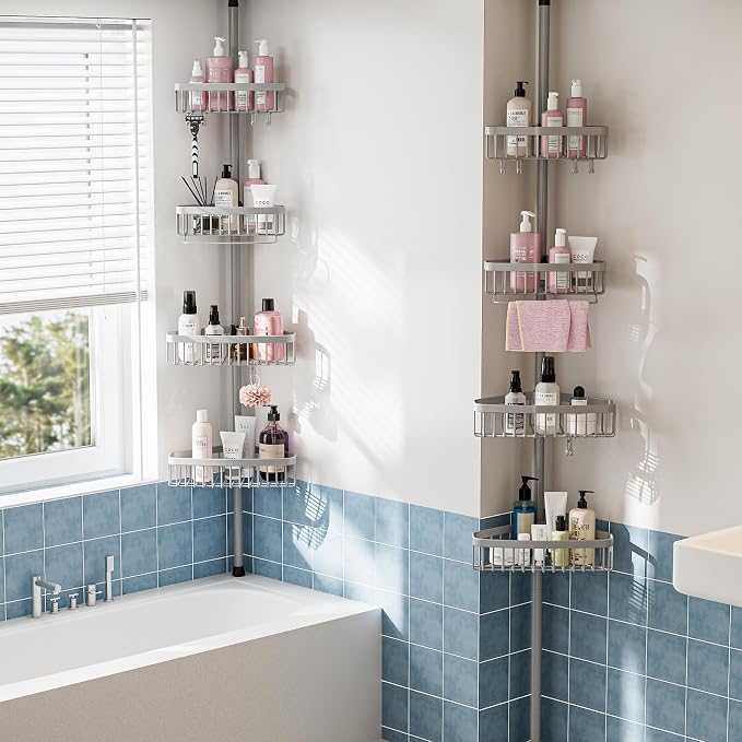 Corner Shower Caddy Tension Pole: Stainless Steel Rustproof 4-Tier Shower Organizer - 47-121 inch Adjustable Bathroom Shelves for Bathtub Shampoo Storage - Tension Rod Floor Standing Bath Rack - Image 7