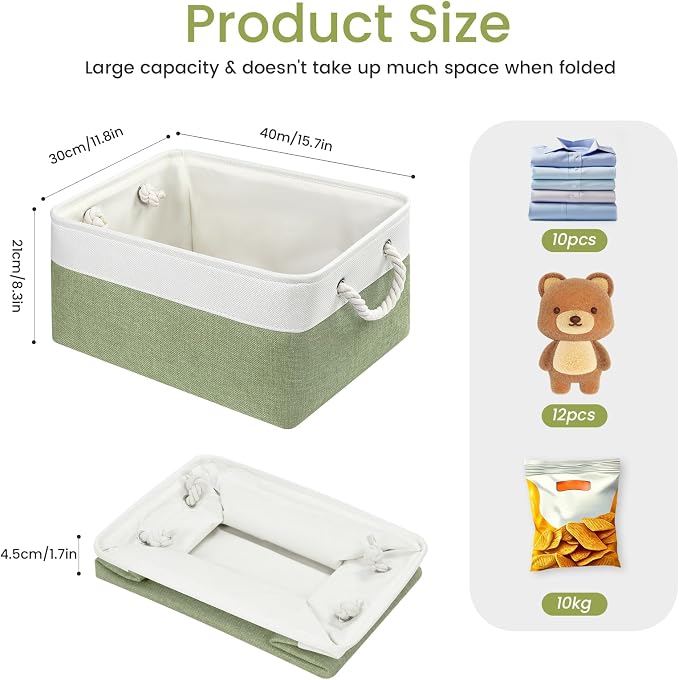 Large Storage Baskets- 15.7x11.8x8.26 inch Storage Bins for Shelves and Closet Organizing, Foldable Fabric Bin for Home Organization Clothes and Laundry (1-Pack, White&Green) - Image 5