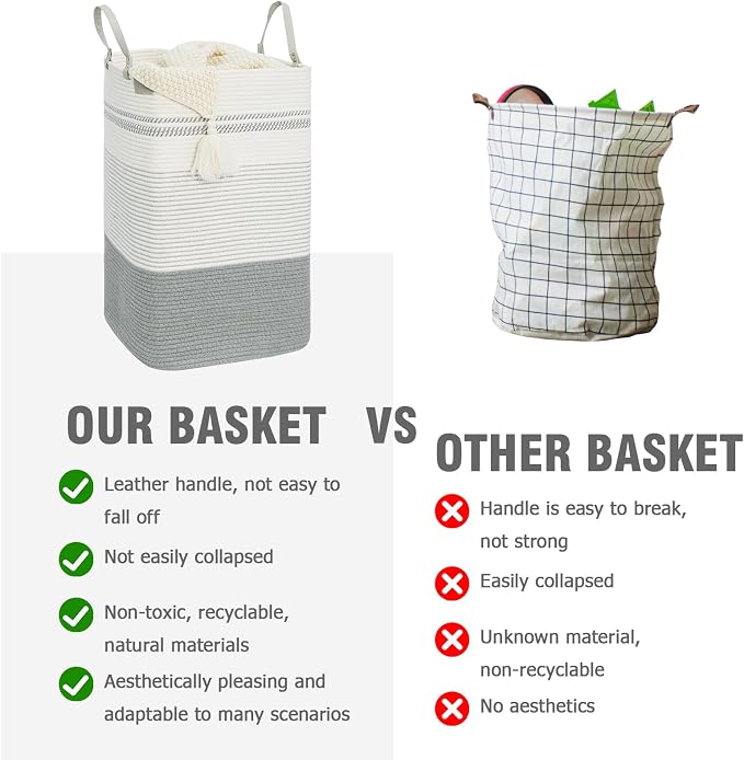 danpinera 75L Woven Laundry Hamper with Long Leather Handles, Baby Laundry Basket for Nursery, Tall Hampers for Bedroom Aesthetic, Decorative Clothes Storage Basket for Family White & Gray - Image 6