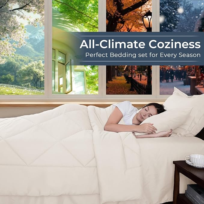 HEVUMYI Ivory Cali-King Comforter Set - 7-Piece All Season Bed in a Bag Cali-King, Ultra Soft Bedding Set with Comforter, Flat Sheet, Fitted Sheet, Pillowcases, Pillow Shams
