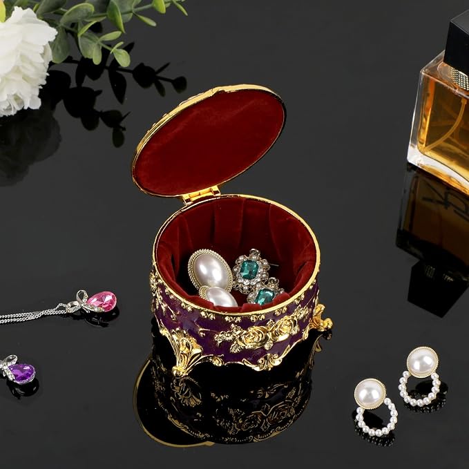 Hipiwe Vintage Jewelry Box Small Trinket Storage Organizer Box Gold Metal Chest Ring Case Treasure Chest Round Keepsake Boxes for Earrings Necklace Gift for Women,Purple - Image 6
