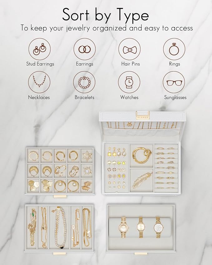 VLANDO 4 Layer Large Jewelry Box - Jewelry Holder Organizer, Jewelry Box Organizer for Drawer Necklace Ring Bracelet and Watch, Birthday Gift for Loved Ones - Beige - Image 3