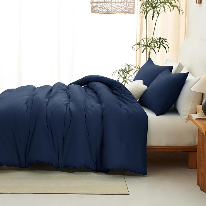 CozyLux California King Comforter Set Navy Blue, 3 Pieces Cal King Solid Breathable Quilted Bedding Sets All Seasons, Luxury Soft Lightweight Bed Set with Down Alternative Comforter and 2 Pillowcases