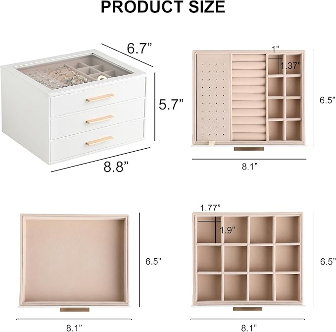 Frebeauty Clear Lid Jewelry Box,3-Layer Jewelry Organizer with Drawer,PU Leather Jewelry Organizers and Storage,Jewelry Boxes for Women,Jewelry Storage for Rings Earring Stud,Gift for Women(White) - Image 3