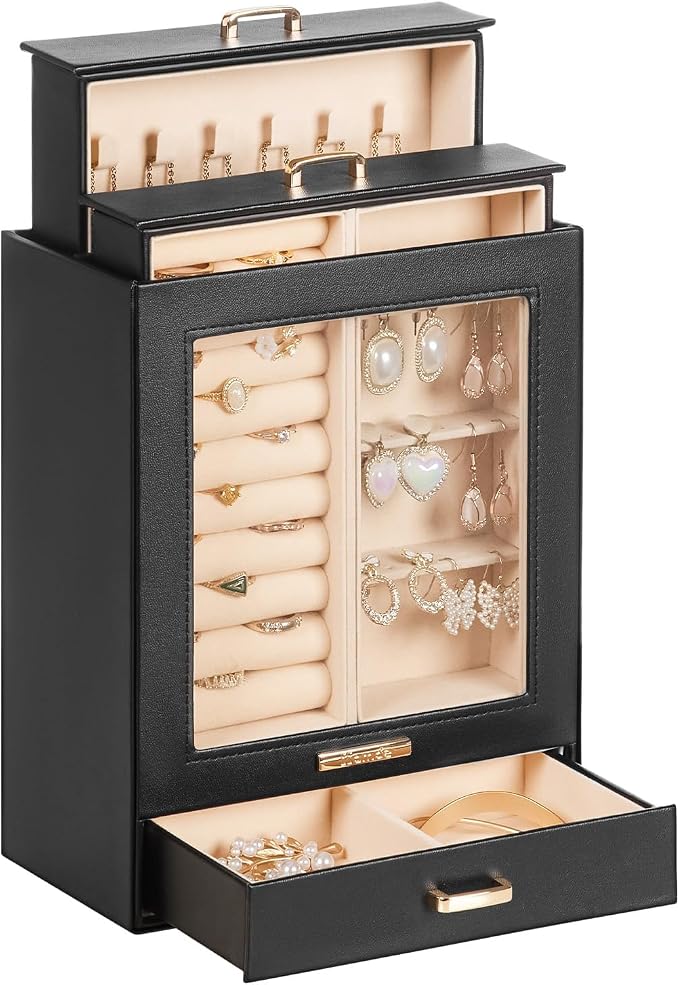 Homde Mothers Day Gifts Jewelry Organizer Girls Women Jewelry Box for Necklaces Rings Earrings Gift Bracelets Storage Case (Black + Gold) by Homde