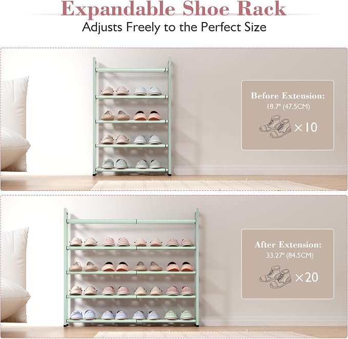 Bumusty 5-Tier Expandable Shoe Rack for Closet, 18“-33” Adjustable Shoe Rack for Small Space, Small Shoe Organizer for Front Door, Sturdy Metal,Green - Image 4