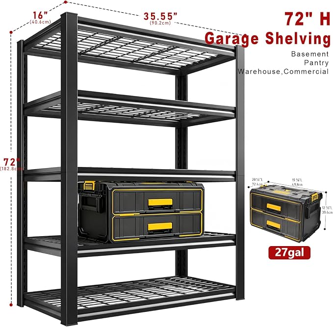 72H Storage Shelves Heavy Duty,2800 LBS Garage Storage Shelves,5-Tier Adjustable Metal Shelving,for Garage,Warehouse,Basement,Pantry,16"x35.5"x72" - Image 3