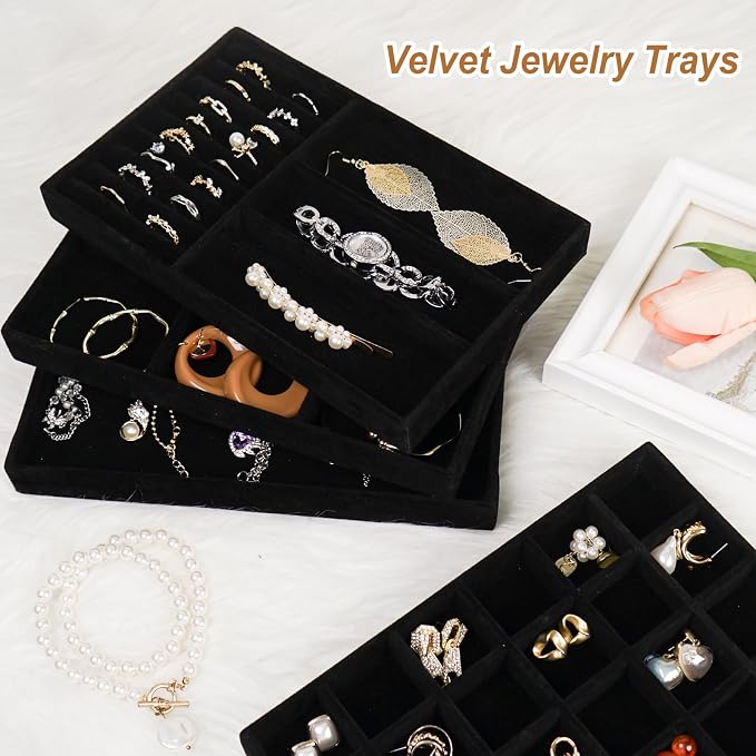 Cirhy 4 Stackable Jewelry Trays Organizer Set for Drawer, Jewelry Organizers and Display Case Storage, Velvet Drawer Inserts Organizer for Necklace Bracelets Earrings Organizer, Gift For Her, Black - Image 6