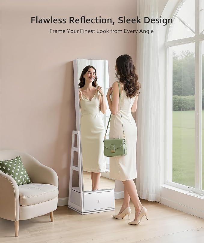 Nicetree 360°Swivel Jewelry Cabinet, Rotatable Full Length Mirror with Jewelry Storage, Standing Jewelry Armoire Organizer, Lockable Jewelry Organizer with 3 Rear Shelves, Bottom Drawer, Pure White - Image 2