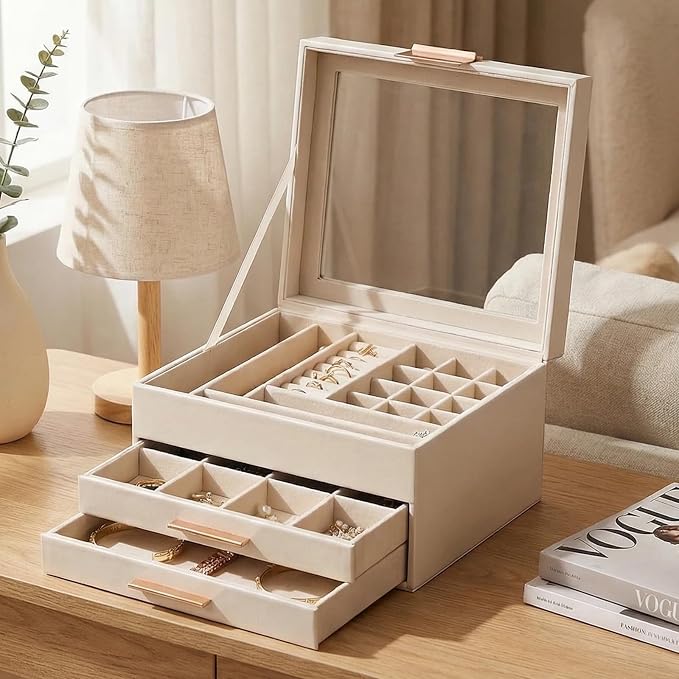 Jewelry Box Organizer with Glass Lid, 3-Layer with Double Drawers, Luxury Velvet Lined Desktop Display Case for Earrings Rings Necklaces, Gift for Women Girls (White) by Unknown