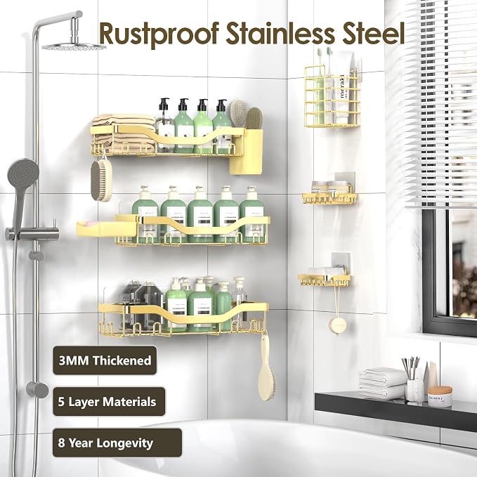 NESOMI Shower Caddy Adhesive Shower Organizer 8-Pack, Rustproof Stainless Steel Bathroom Shelves, Large Capacity No-Drill Rack Storage Accessories with Soap Dish Toothbrush Holder Hooks - Image 5