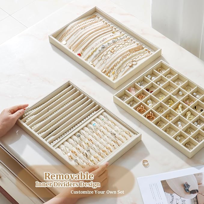 Large Velvet Jewelry Tray 2 Pack Stackable Jewelry Display Drawer Inserts Trays Organizer for Earring Bracelet Necklace Ring (Beige, Ring and 9 Grids) - Image 5