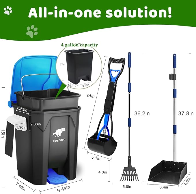 Dog Poop Trash Can Outside with Pooper Scooper and Metal Rake & Tray, 20L/5Gal Dog Waste Trash Can with Lid, Pedal and Removable Inner Waste Bin, Pet Poop Bin with 100 Bags, Blue - Image 2