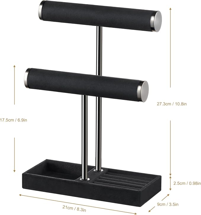bussdis 2 Tier Bracelet Holder Display - Detachable T Bar Black Velvet Bracelet Holder, Jewelry Holder Organizer for Bracelet, Necklace, Earrings, Rings - Image 6
