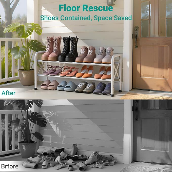 YEASHEIN 2-Tier Expandable Shoe Rack for Closet Floor, X-Frame Metal Small Shoe Rack for Entryway, Adjustable Shoe Shelf Organizer, Free Standing Shoe Racks for Front Door Entrance, Garage - White - Image 6