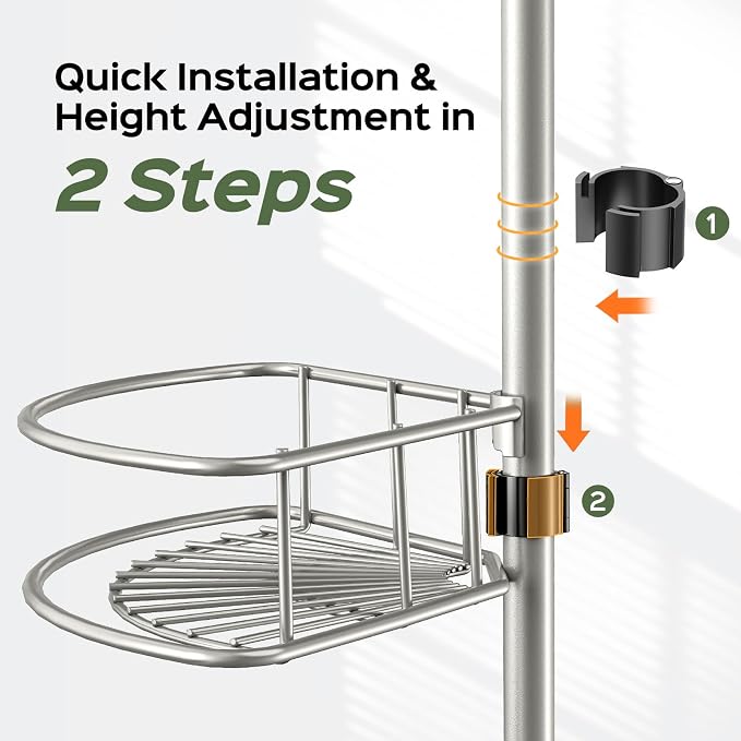HAMITOR Shower Caddy Tension Pole: 4-Tier Rustproof Bathroom Corner Shelf Organizer for Renter - No Drill Large Shampoo Storage Rack - Adjustable 47-121" - Space Saving Bathtub Accessory - Silver Gray - Image 4