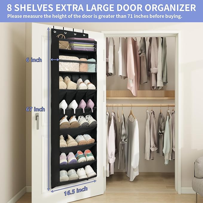 FENTEC 1 Pack 8 Shelves Over The Door Shoe Organizer, 68" Exlarge Deep Pockets Hanging Shoe Organizer, Shoe Rack for Closet, Shoe Holder for Boots,Over Door Organizer in Home, RV, Dorm, Black - Image 2